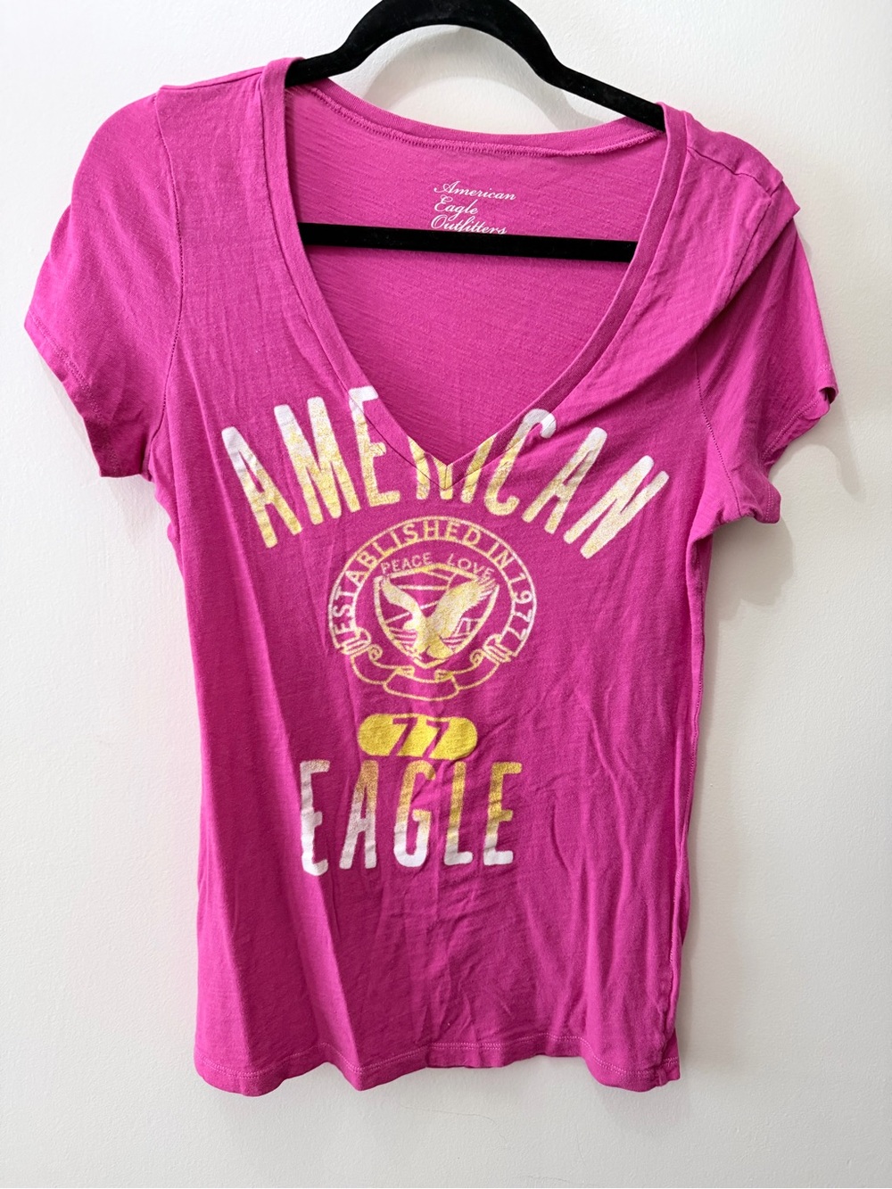Y2K American Eagle Hot Pink V Neck Graphic T Shirt L Preppy Peace Love